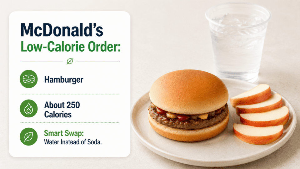 low-calorie fast food mcdonald’s hamburger with apple slices and water, no fries or soda meal idea