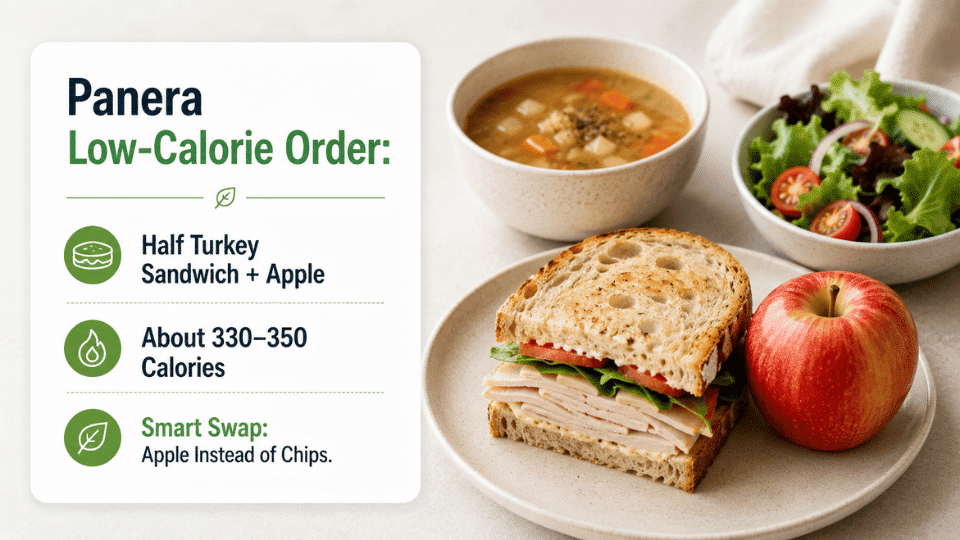 low-calorie fast food panera half turkey sandwich with apple, broth soup and side salad meal idea