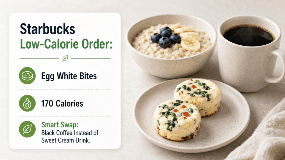 low-calorie fast food starbucks egg white bites with oatmeal and black coffee breakfast meal idea