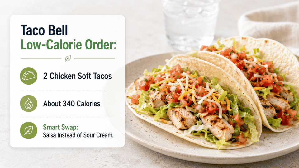 low-calorie fast food taco bell chicken soft tacos with lettuce, salsa and a water cup meal idea