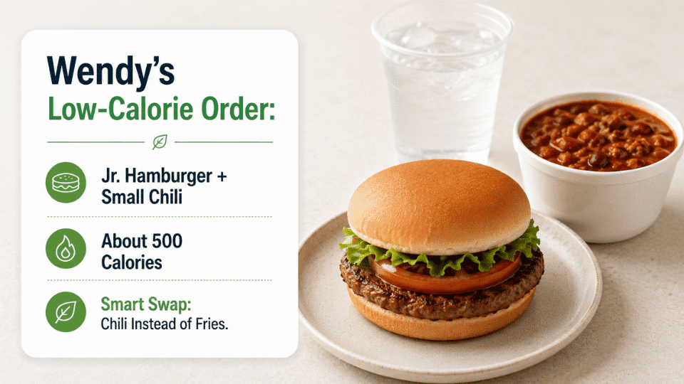 low-calorie fast food wendy’s jr hamburger with small chili and water for portion control meal idea