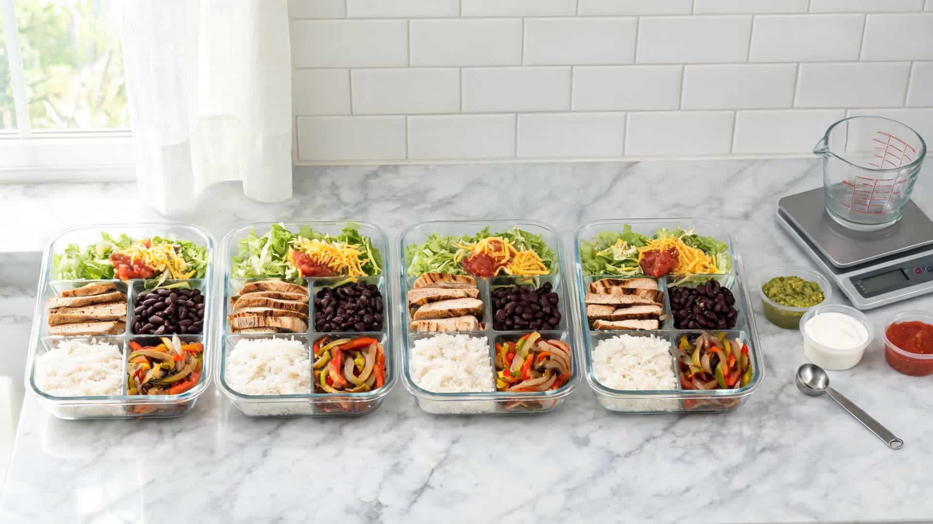 meal prep burrito bowls with measured rice chicken beans veggies salsa and sauces in glass containers on a marble counter