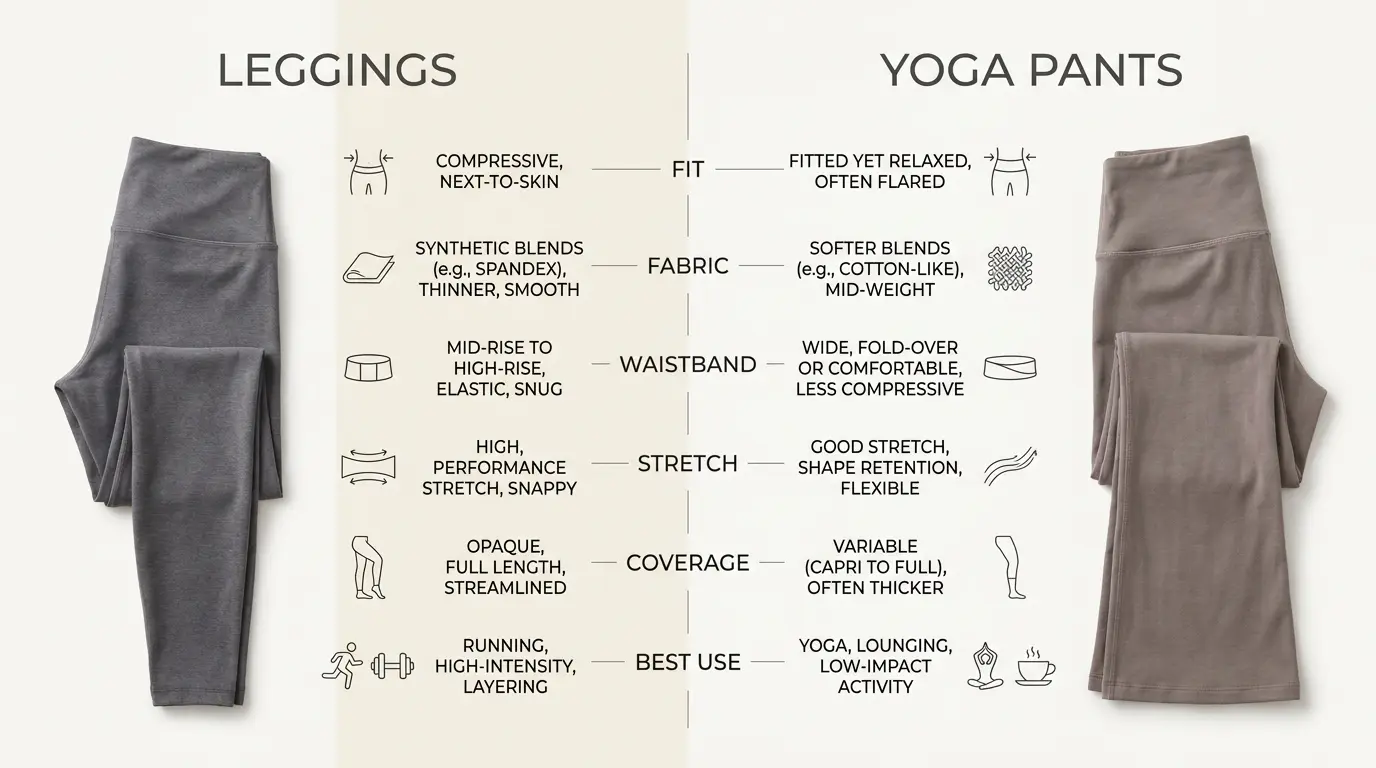 minimal yoga pants and leggings comparison showing fit fabric waistband stretch and use