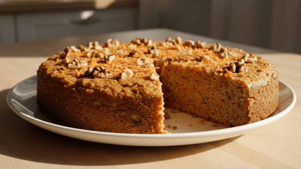 moist carrot cake topped with chopped walnuts, sliced on a plate to reveal a soft, nutty crumb inside