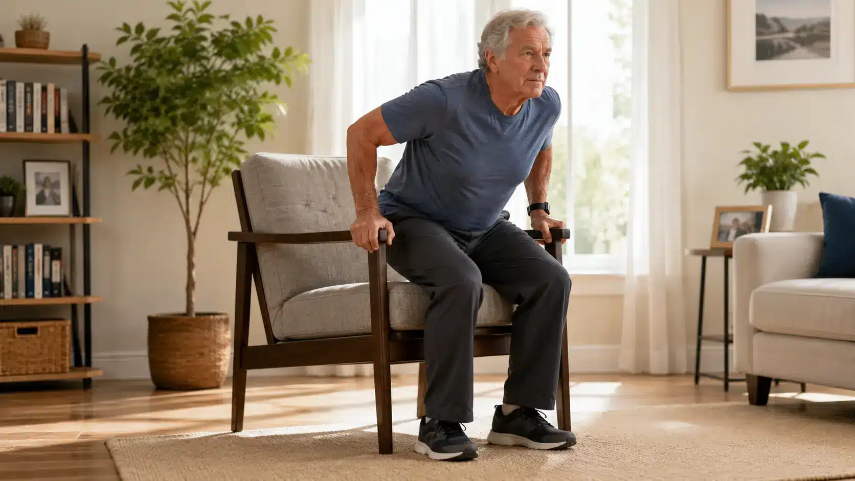 older adult using chair arm support