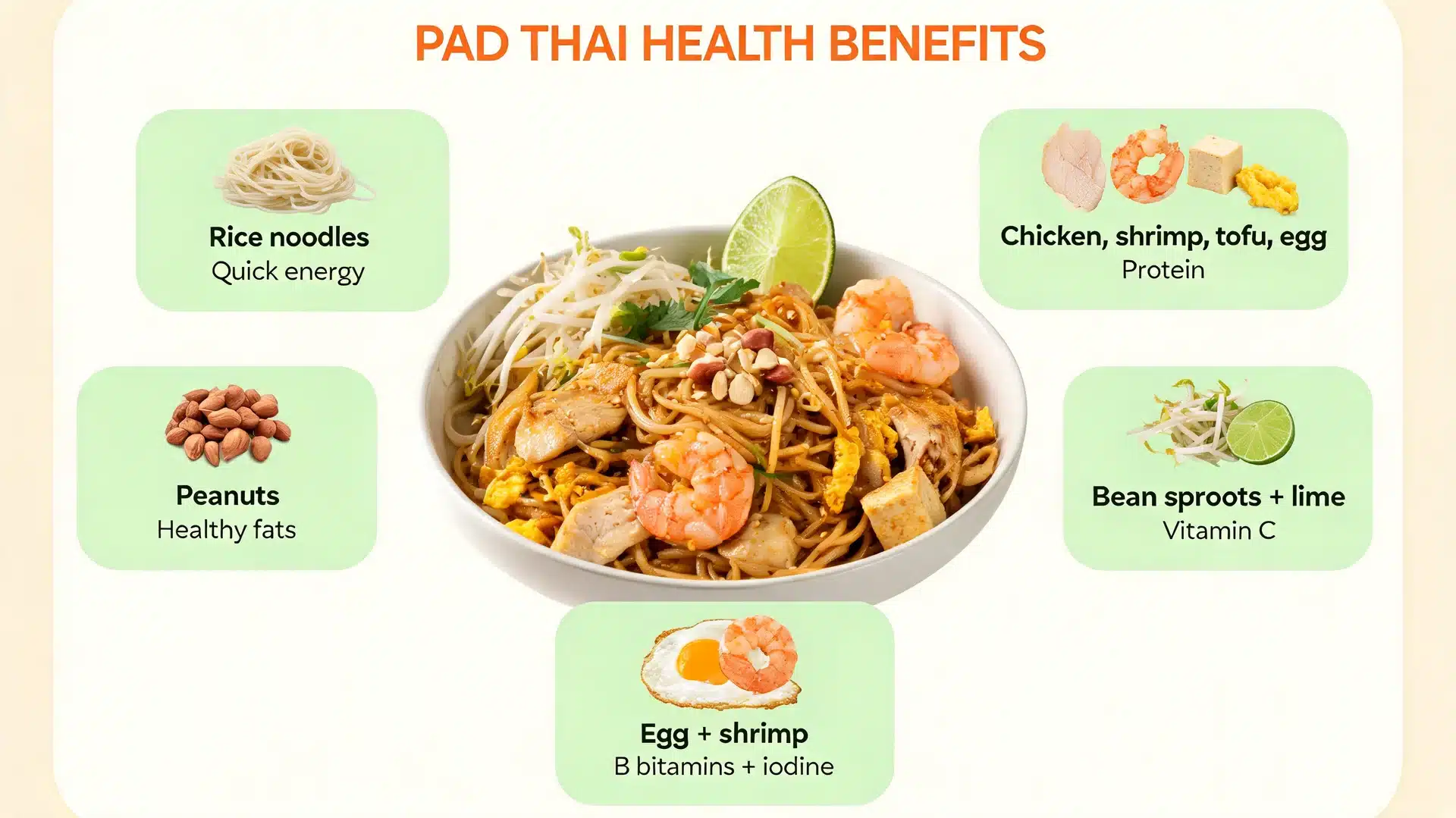 pad thai health benefits infographic showing noodles protein peanuts bean sprouts lime egg and shrimp nutrients