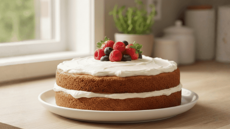 paleo birthday cake with creamy frosting and fresh berries on top, served on a white plate by a sunny window