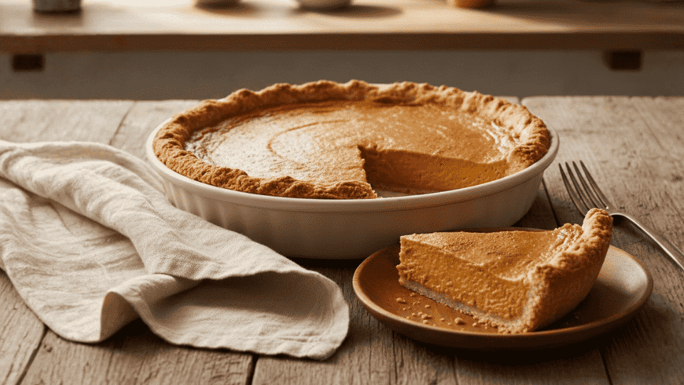 paleo pumpkin pie with a golden crust, one slice served on a plate beside the pie on a rustic wooden table