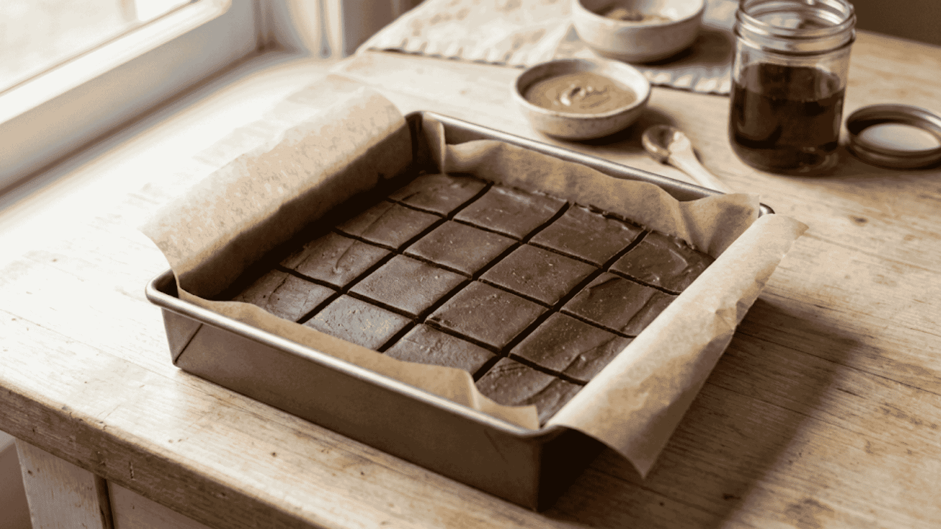 pan of rich paleo fudge squares cut into small pieces on parchment paper, with almond butter and honey on a wooden table