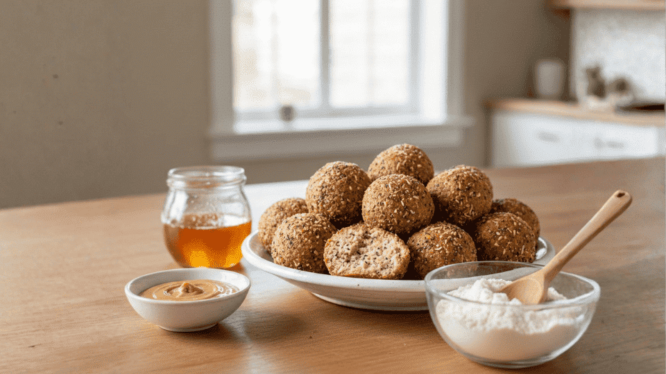 plate of baked coconut flour pancake bites on a wooden table with honey, almond butter, and flour in a bright kitchen