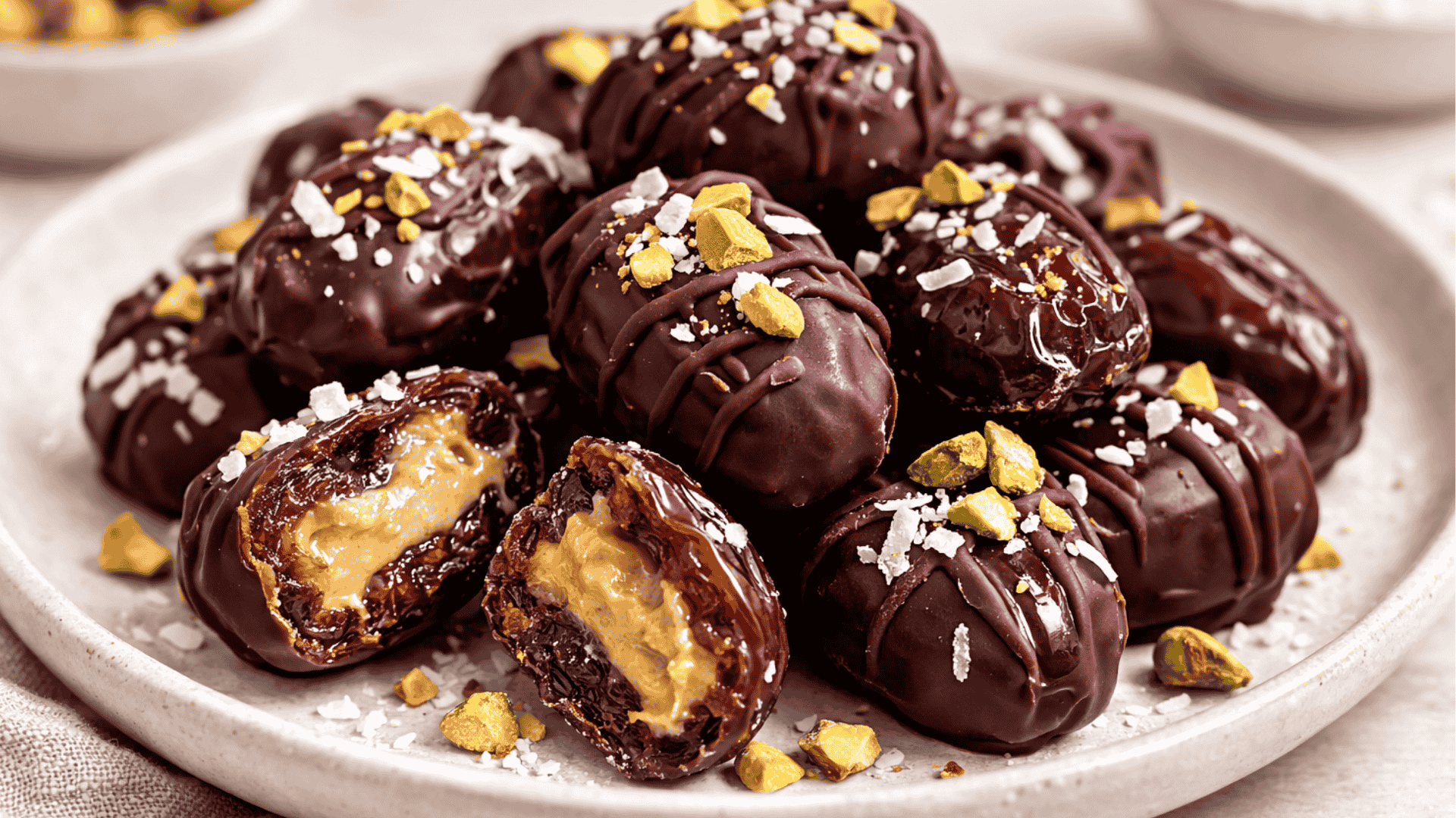 plate of chocolate covered stuffed dates topped with pistachios and coconut flakes, with one date cut open showing creamy filling