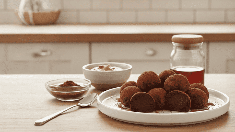 plate of cocoa-dusted chocolate truffles on a kitchen table with cocoa powder, almond butter, and honey jar in the background