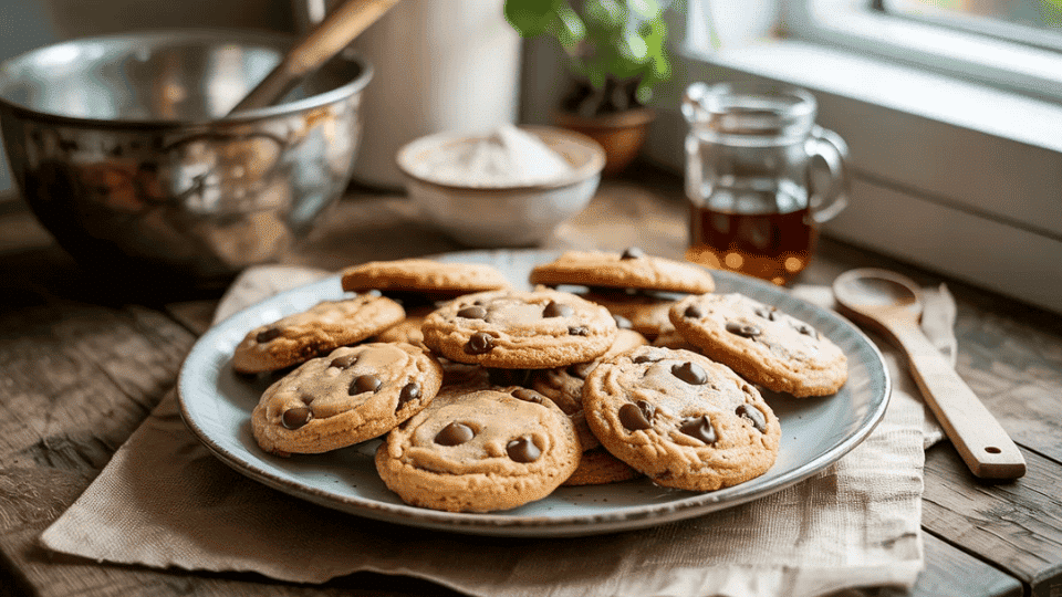 plate of homemade chocolate chip cookies on a rustic wooden table with baking bowl, honey jar, and spoon in the background