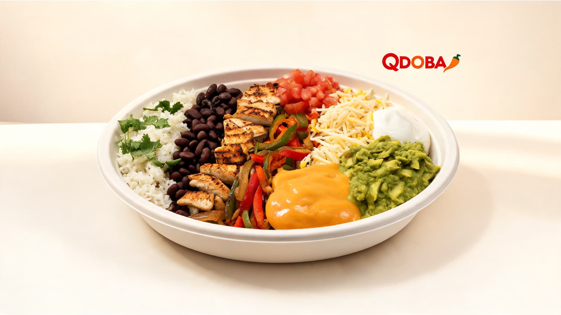 qdoba style burrito bowl with rice black beans grilled chicken queso guacamole cheese sour cream and salsa on a clean background
