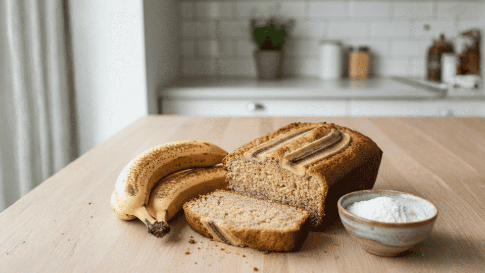 sliced banana bread loaf on a wooden table with fresh bananas and a small bowl of flour in a bright kitchen