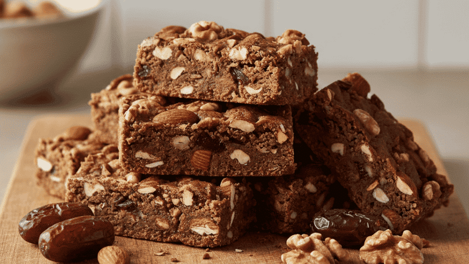 stack of date and nut bars with almonds, walnuts, and dates on a wooden board with extra nuts beside them
