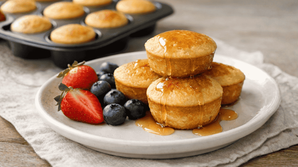 stack of golden muffins drizzled with honey on a plate, served with fresh strawberries and blueberries, muffin pan in background