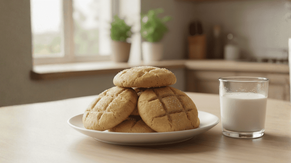 stack of soft sugar cookies on a white plate with a glass of milk beside them in a bright kitchen
