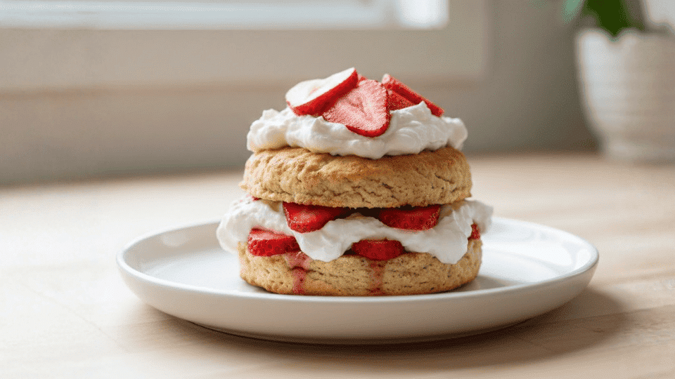 strawberry shortcake with almond biscuit layers, fresh strawberries, and whipped coconut cream served on a white plate