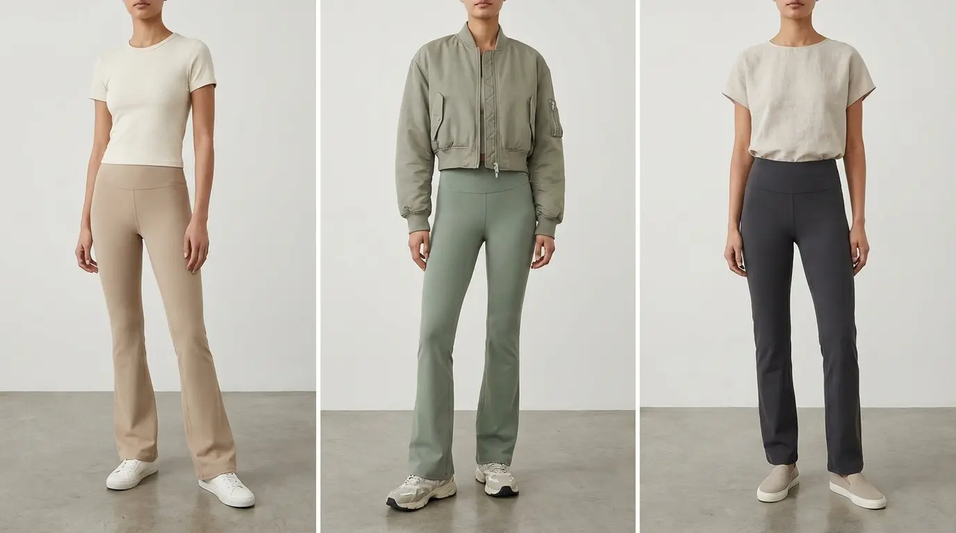 three athleisure yoga pants outfits with fitted tee cropped jacket tucked top and sneakers