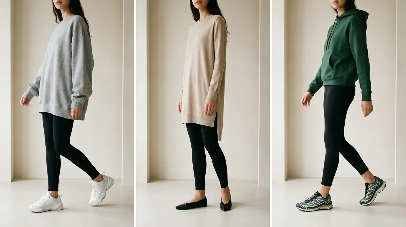 three casual leggings outfits with sweatshirt tunic hoodie sneakers flats and running shoes