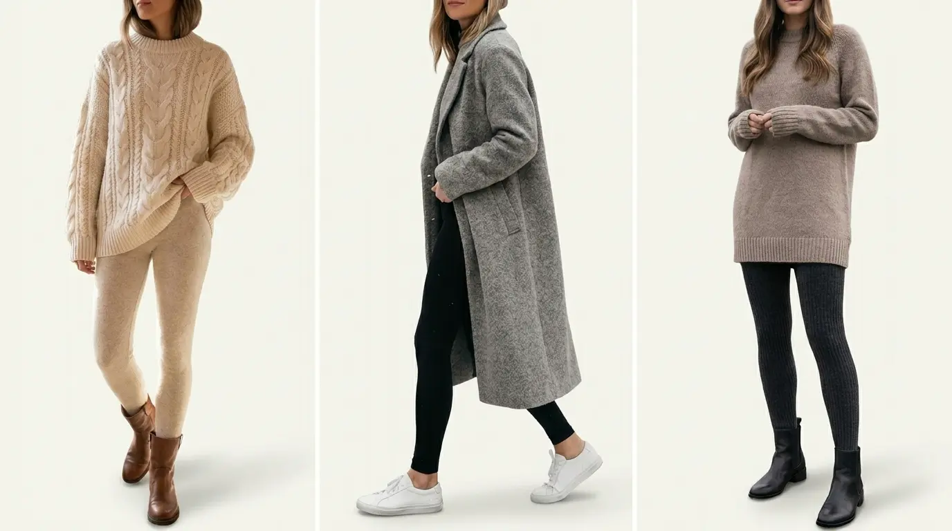 three winter leggings outfits with fleece leggings knit coat sweater dress boots and sneakers