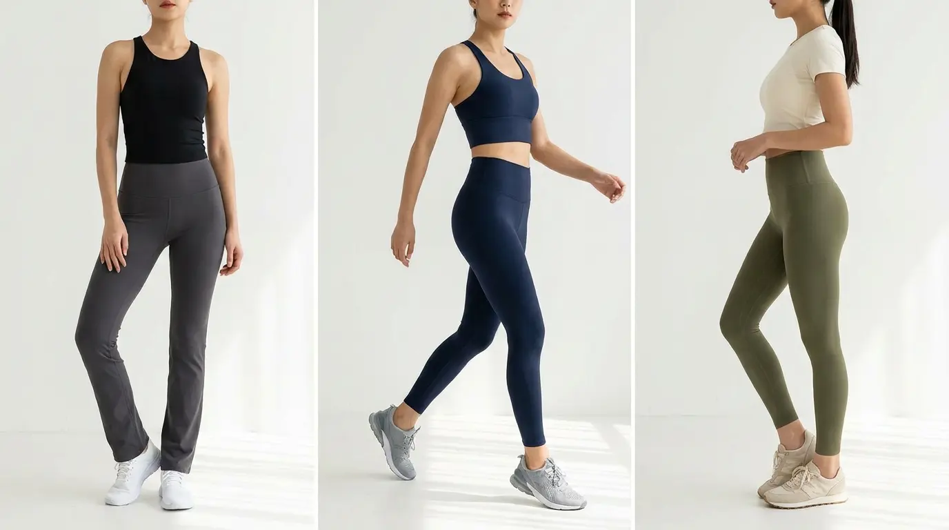 three workout outfits with yoga pants performance leggings tank sports top trainers and sneakers
