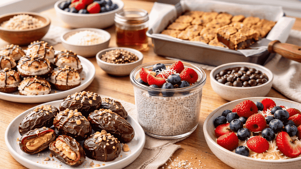 variety of paleo desserts on a wooden table including chocolate dates, chia pudding, berry bowls, and blondies in natural light