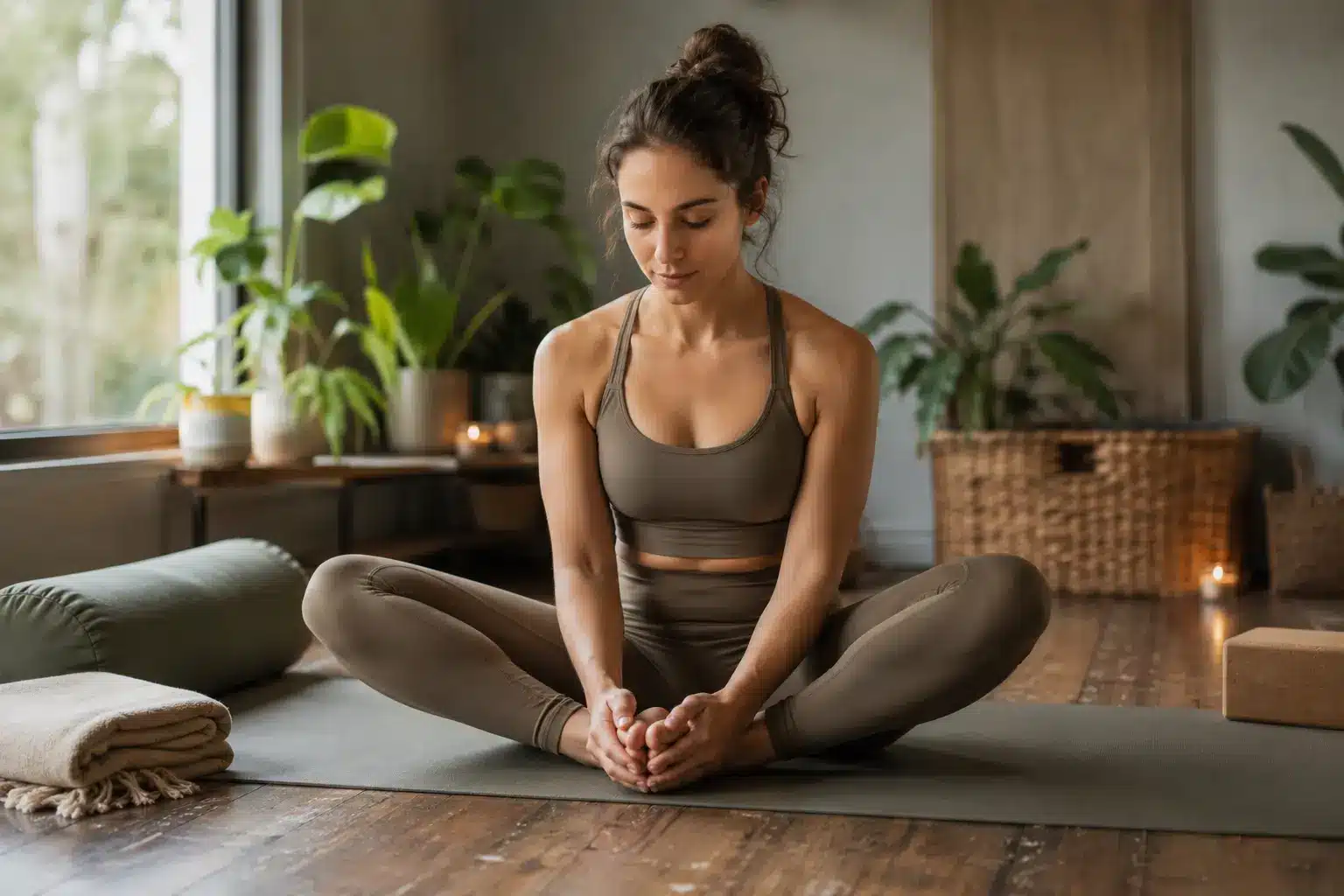 yin yoga benefits practice with beginner butterfly pose in a peaceful home studio